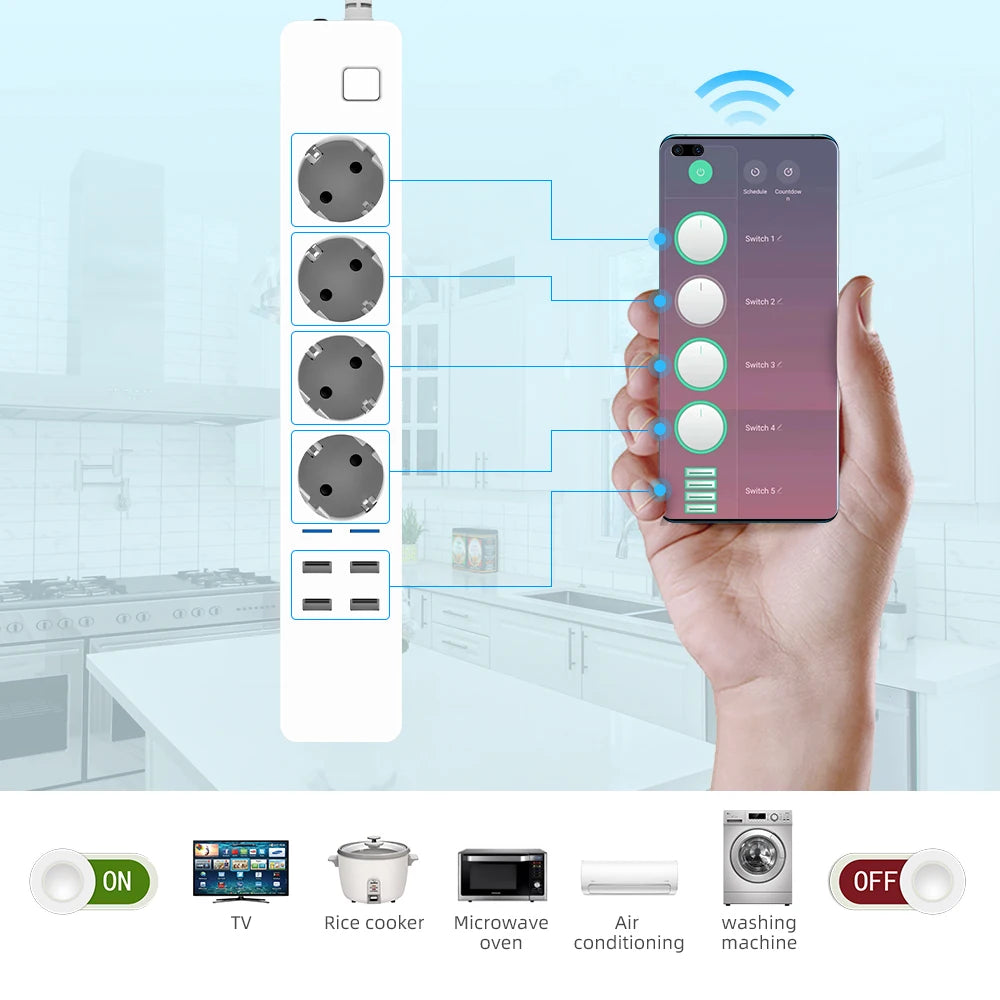 Multiprise connectée WiFi 4 prises + 4 USB - Programmable, compatible Alexa et Google Home