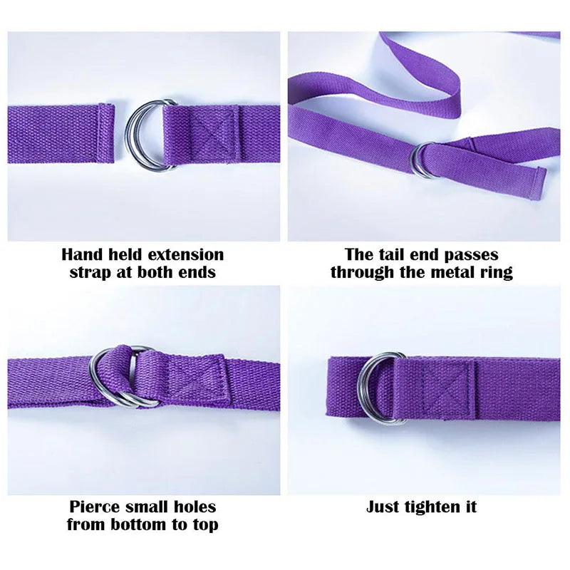 Sangle d'étirement yoga 183cm - Ceinture fitness réglable en coton, D-ring, pilates et stretching