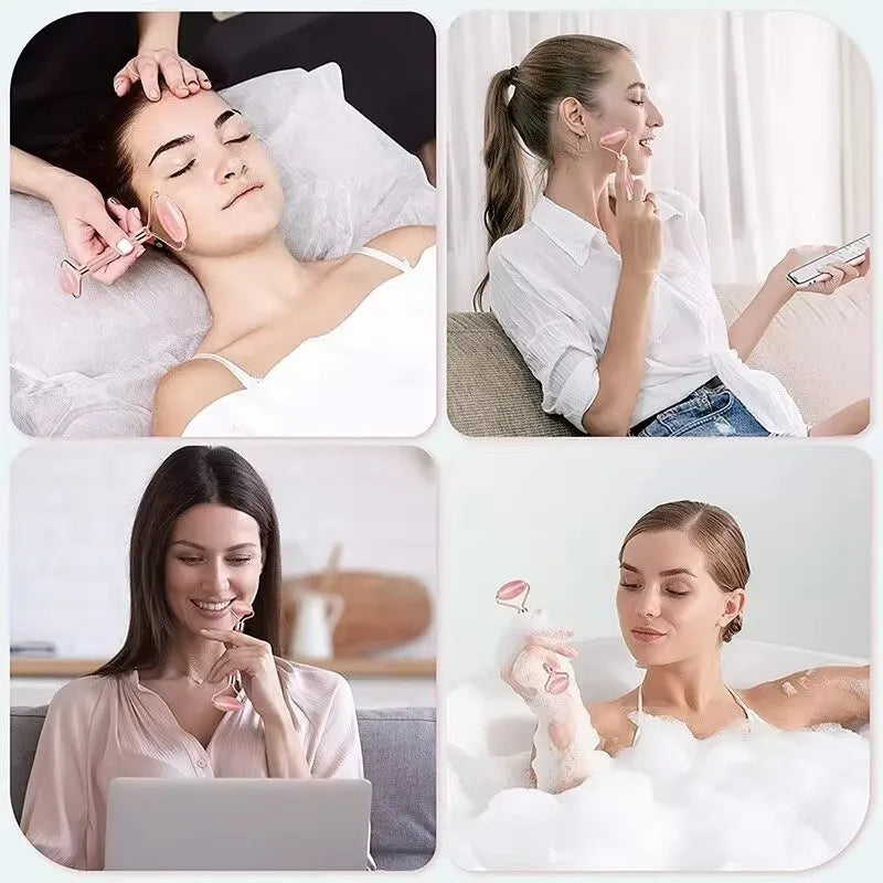 Kit Gua Sha quartz rose - Planche à gratter et rouleau masseur visage, soin de la peau et relaxation