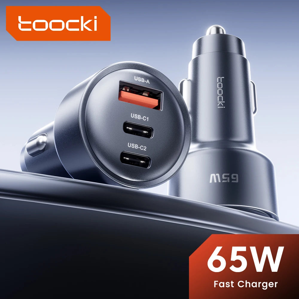 Chargeur de voiture Toocki 65W — 3 ports USB-C, charge rapide PD/QC