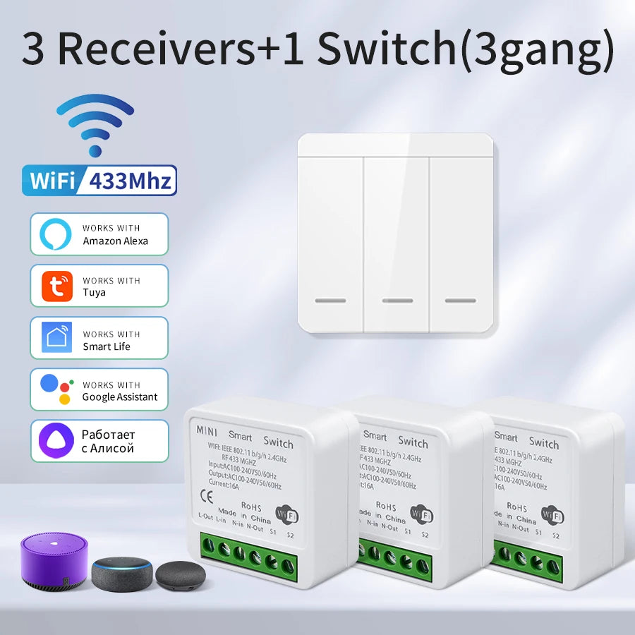 Interrupteur WiFi intelligent pour éclairage - Sans fil RF 433MHz, compatible Alexa et Google Home