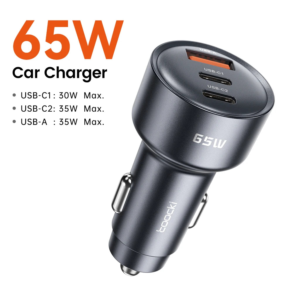 Chargeur de voiture Toocki 65W — 3 ports USB-C, charge rapide PD/QC