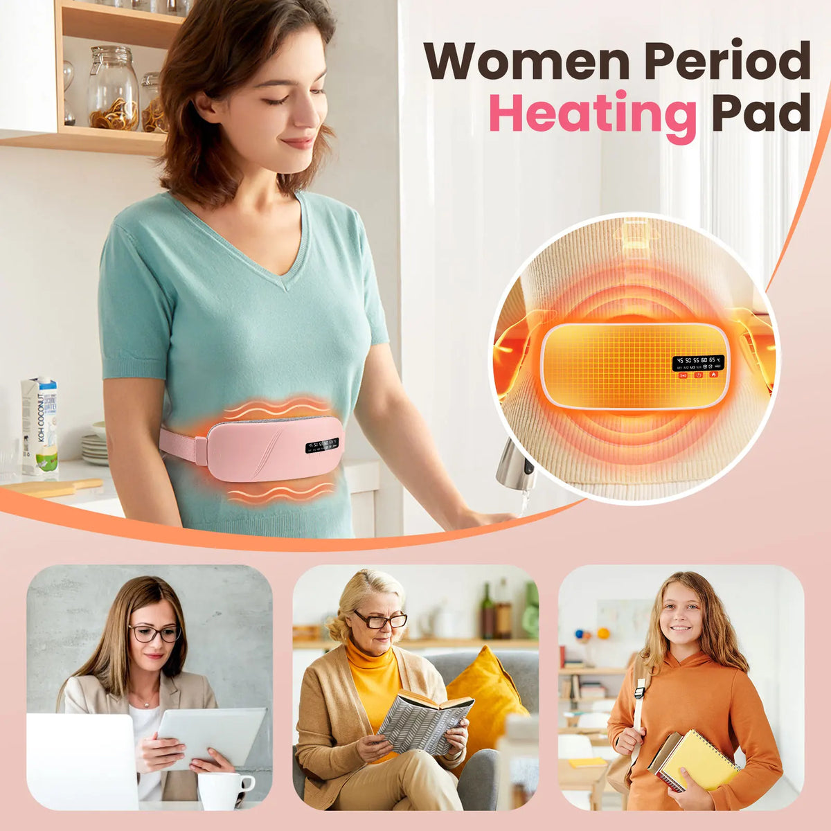 Ceinture chauffante menstruelle - 4 modes, vibration et chaleur, soulagement des règles douloureuses