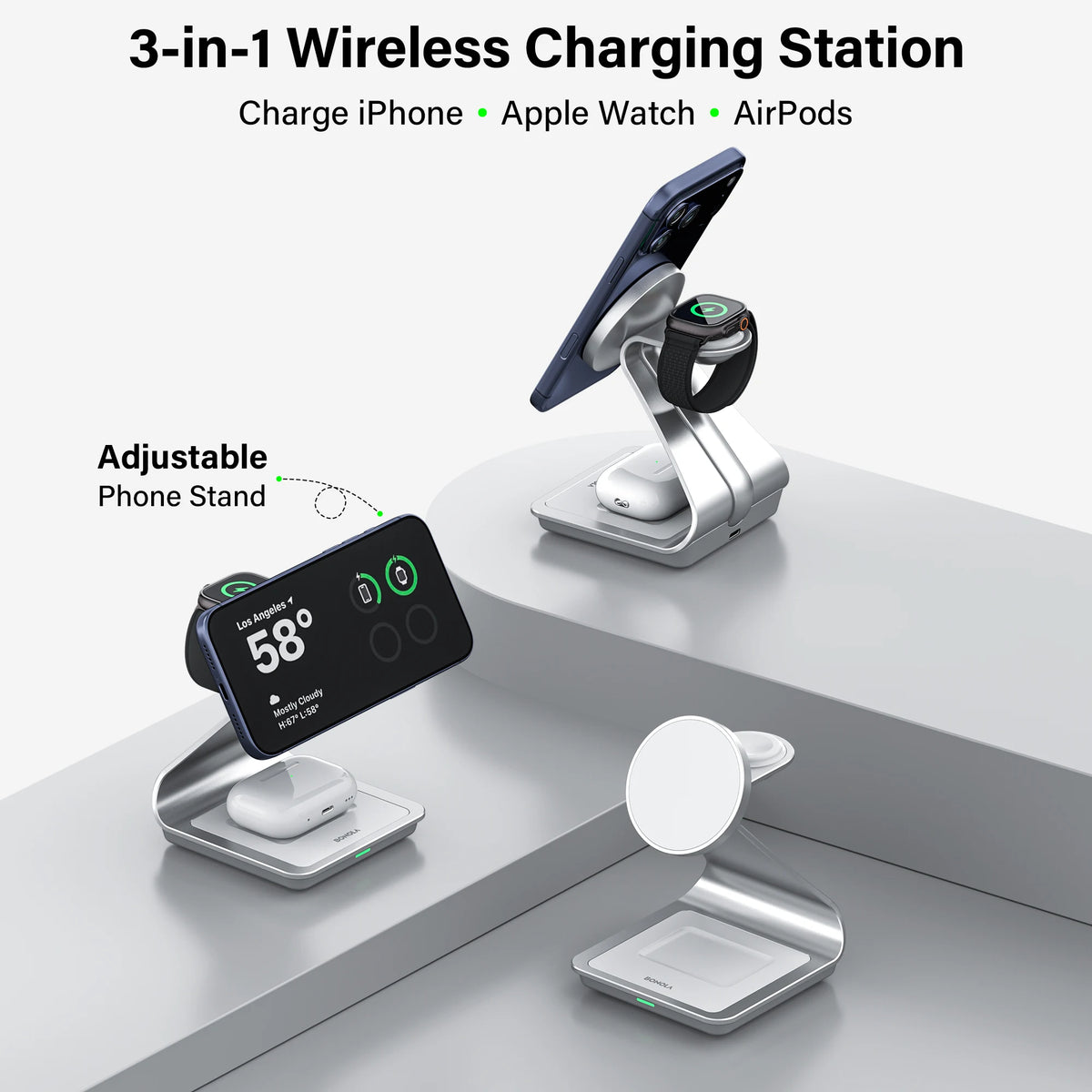 Station de charge magnétique 3-en-1 BONOLA — iPhone, Apple Watch, AirPods