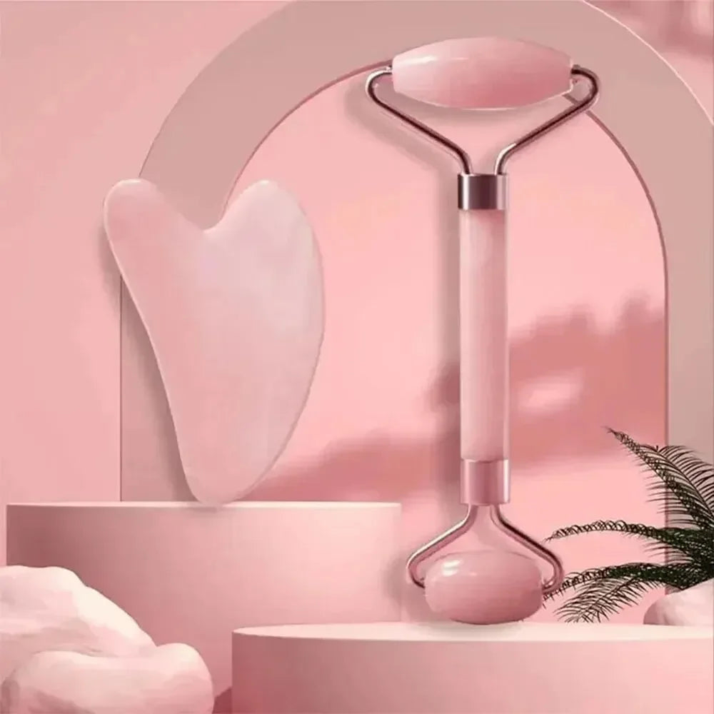 Kit Gua Sha quartz rose - Planche à gratter et rouleau masseur visage, soin de la peau et relaxation