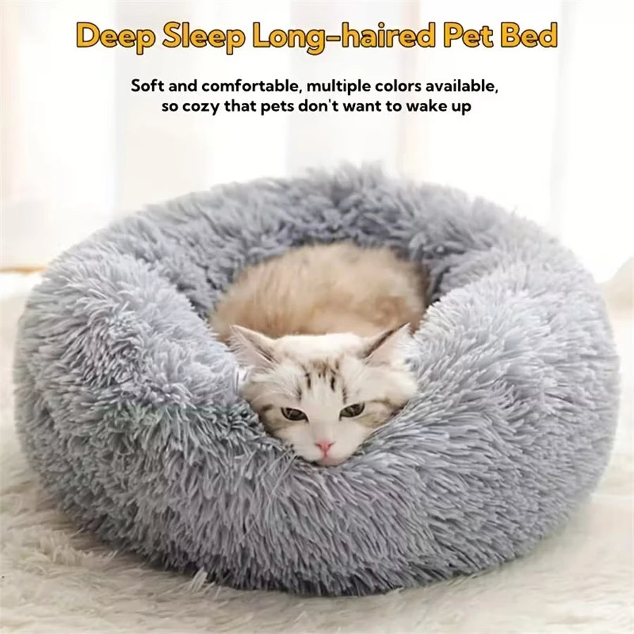 Coussin donut moelleux pour chat et chien - Lit rond en fausse fourrure, effet calmant