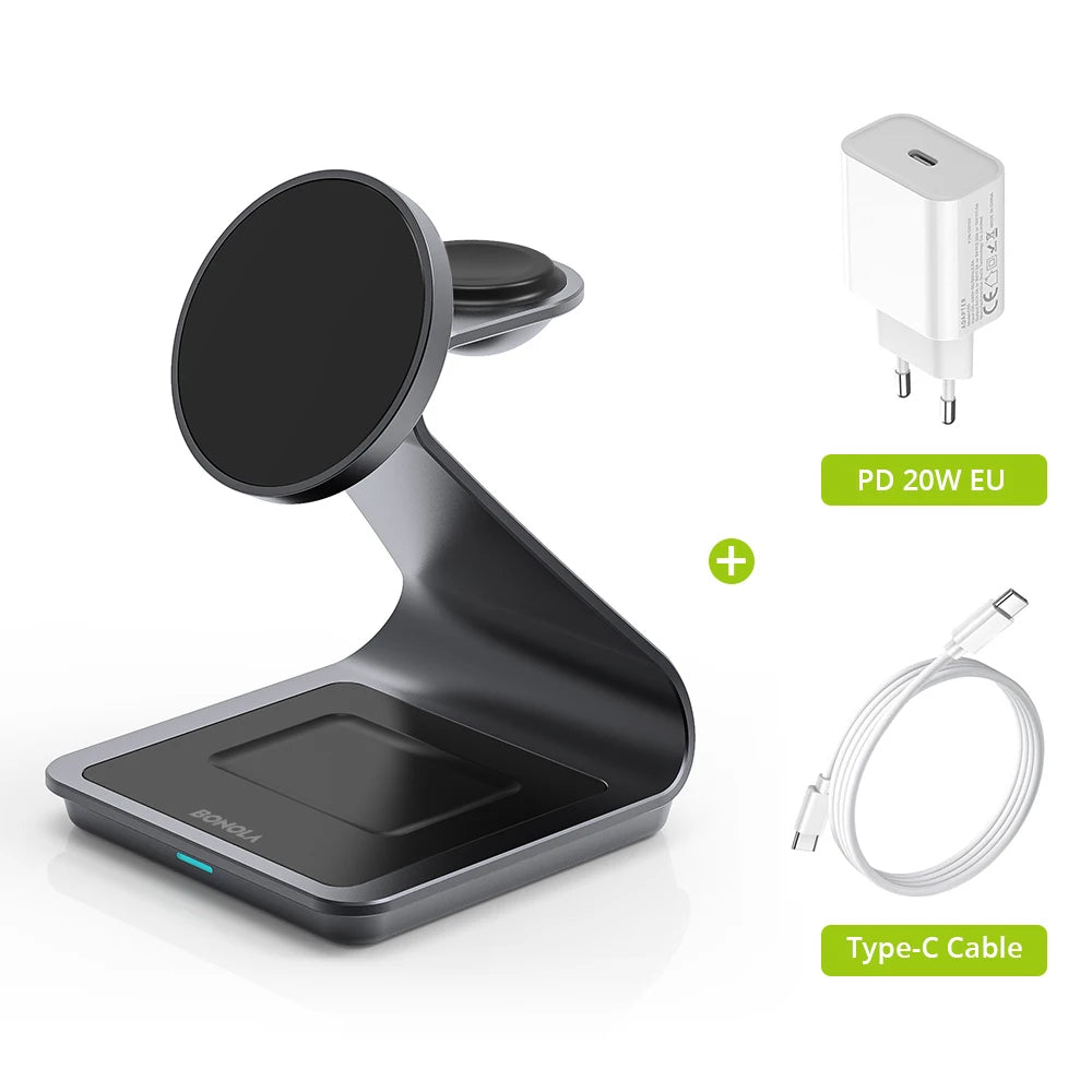 Station de charge magnétique 3-en-1 BONOLA — iPhone, Apple Watch, AirPods