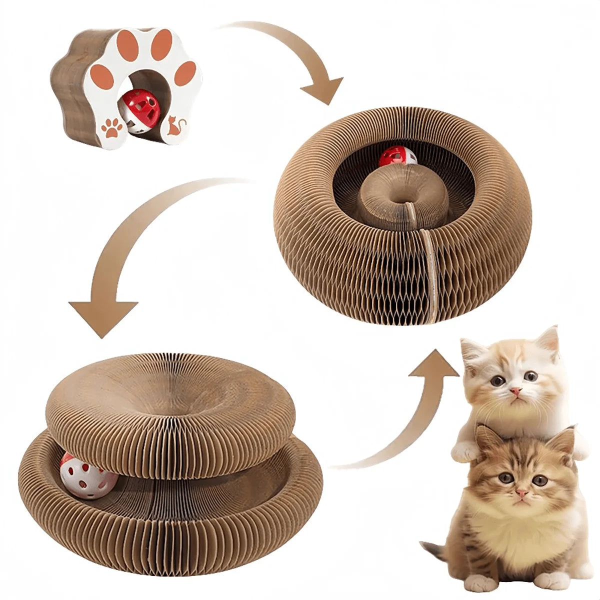 Griffoir pliant en carton pour chat - Multi-niveaux avec clochette et herbe à chat