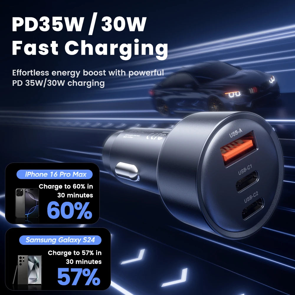 Chargeur de voiture Toocki 65W — 3 ports USB-C, charge rapide PD/QC
