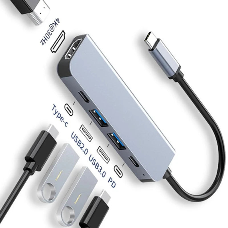 Hub USB-C 6-en-1 vers HDMI 4K — station multiport pour PC portable et tablette