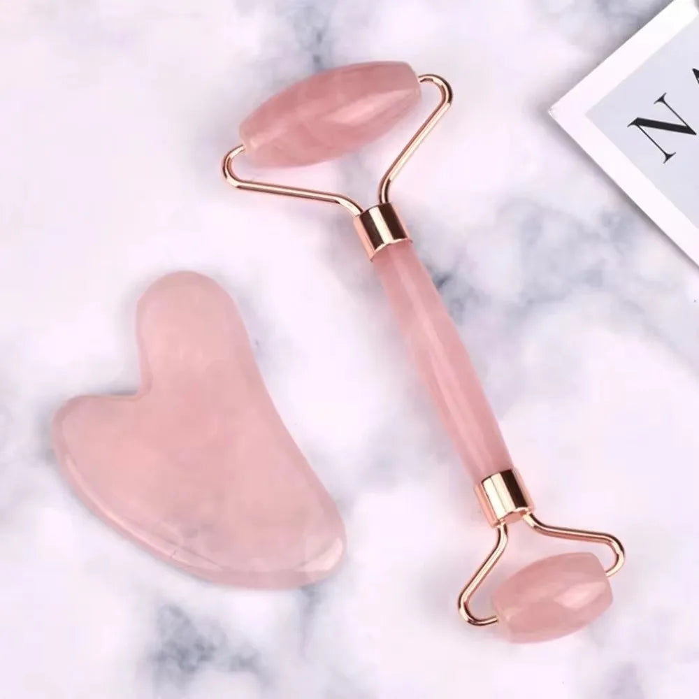 Kit Gua Sha quartz rose - Planche à gratter et rouleau masseur visage, soin de la peau et relaxation
