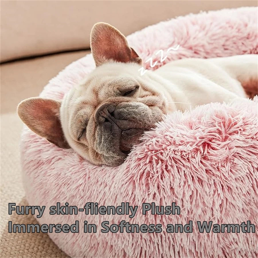 Coussin donut moelleux pour chat et chien - Lit rond en fausse fourrure, effet calmant