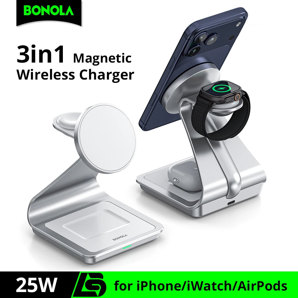 Station de charge magnétique 3-en-1 BONOLA — iPhone, Apple Watch, AirPods