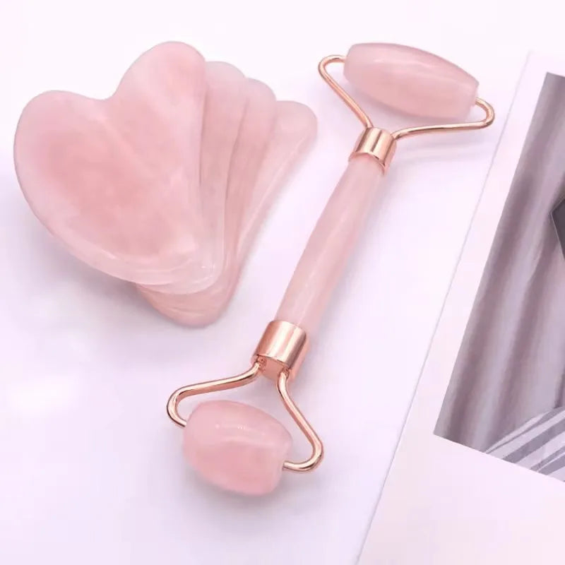 Kit Gua Sha quartz rose - Planche à gratter et rouleau masseur visage, soin de la peau et relaxation