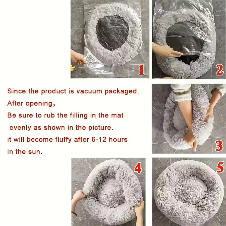 Coussin donut moelleux pour chat et chien - Lit rond en fausse fourrure, effet calmant
