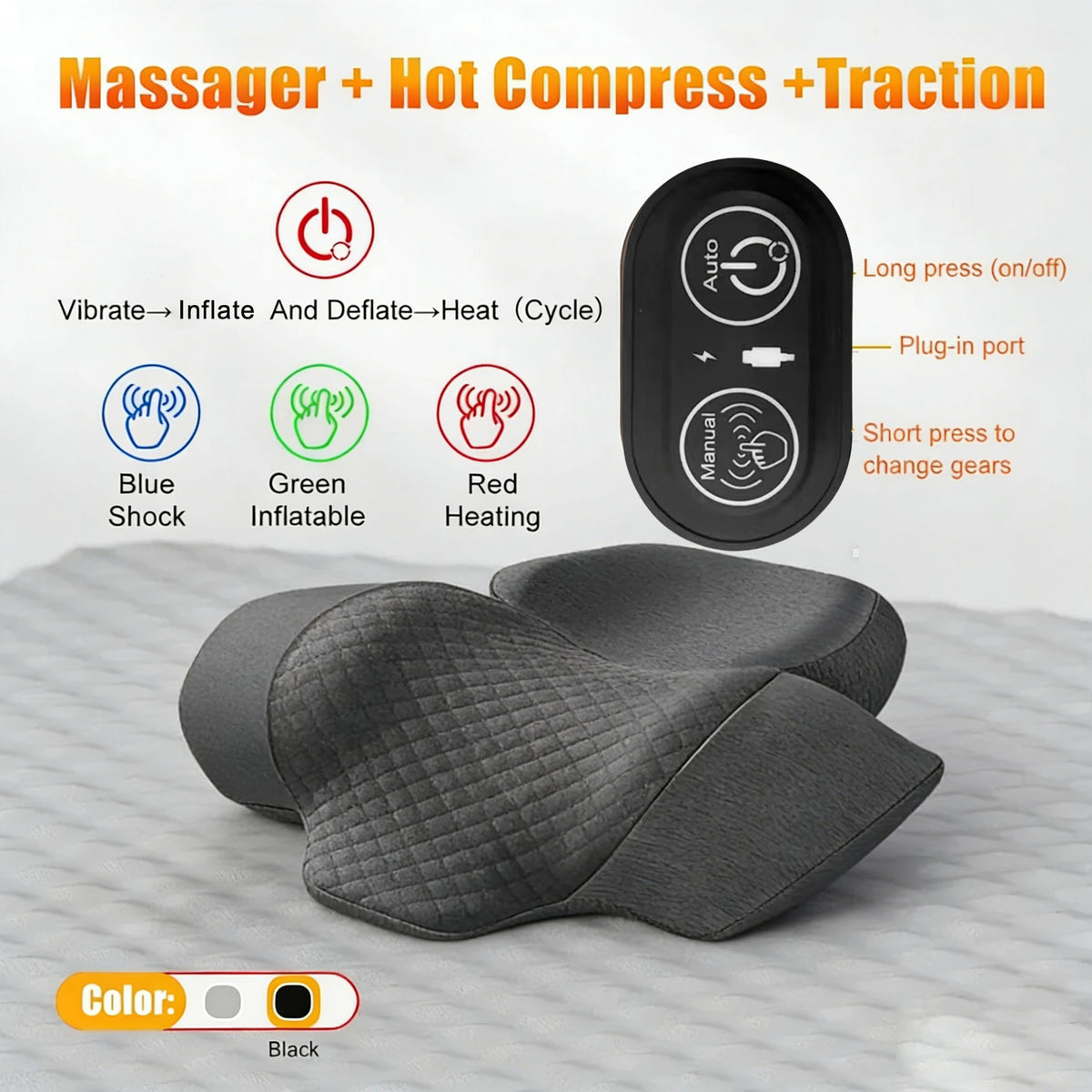 Oreiller masseur de cou électrique - Traction cervicale, chaleur et vibration