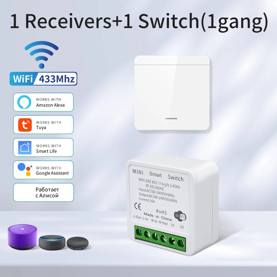 Interrupteur WiFi intelligent pour éclairage - Sans fil RF 433MHz, compatible Alexa et Google Home