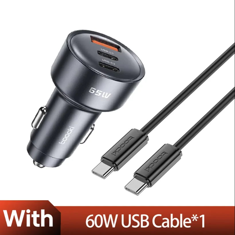 Chargeur de voiture Toocki 65W — 3 ports USB-C, charge rapide PD/QC