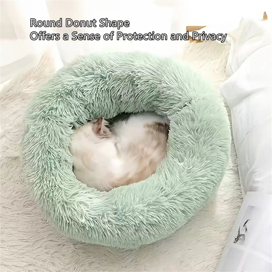 Coussin donut moelleux pour chat et chien - Lit rond en fausse fourrure, effet calmant