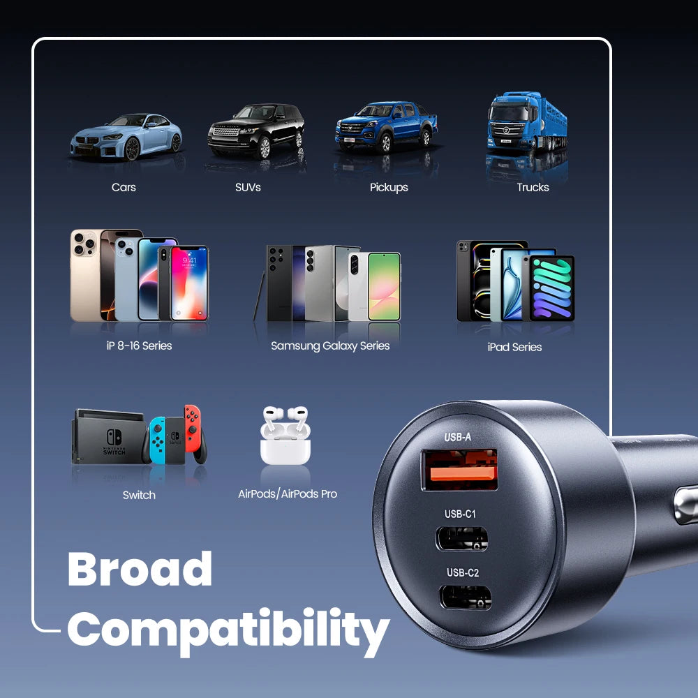 Chargeur de voiture Toocki 65W — 3 ports USB-C, charge rapide PD/QC
