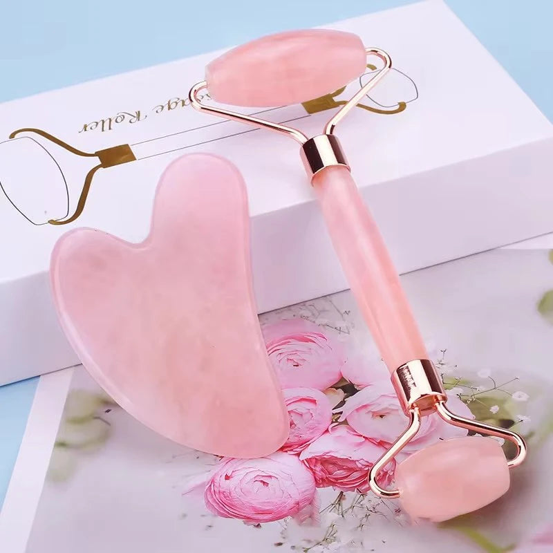 Kit Gua Sha quartz rose - Planche à gratter et rouleau masseur visage, soin de la peau et relaxation