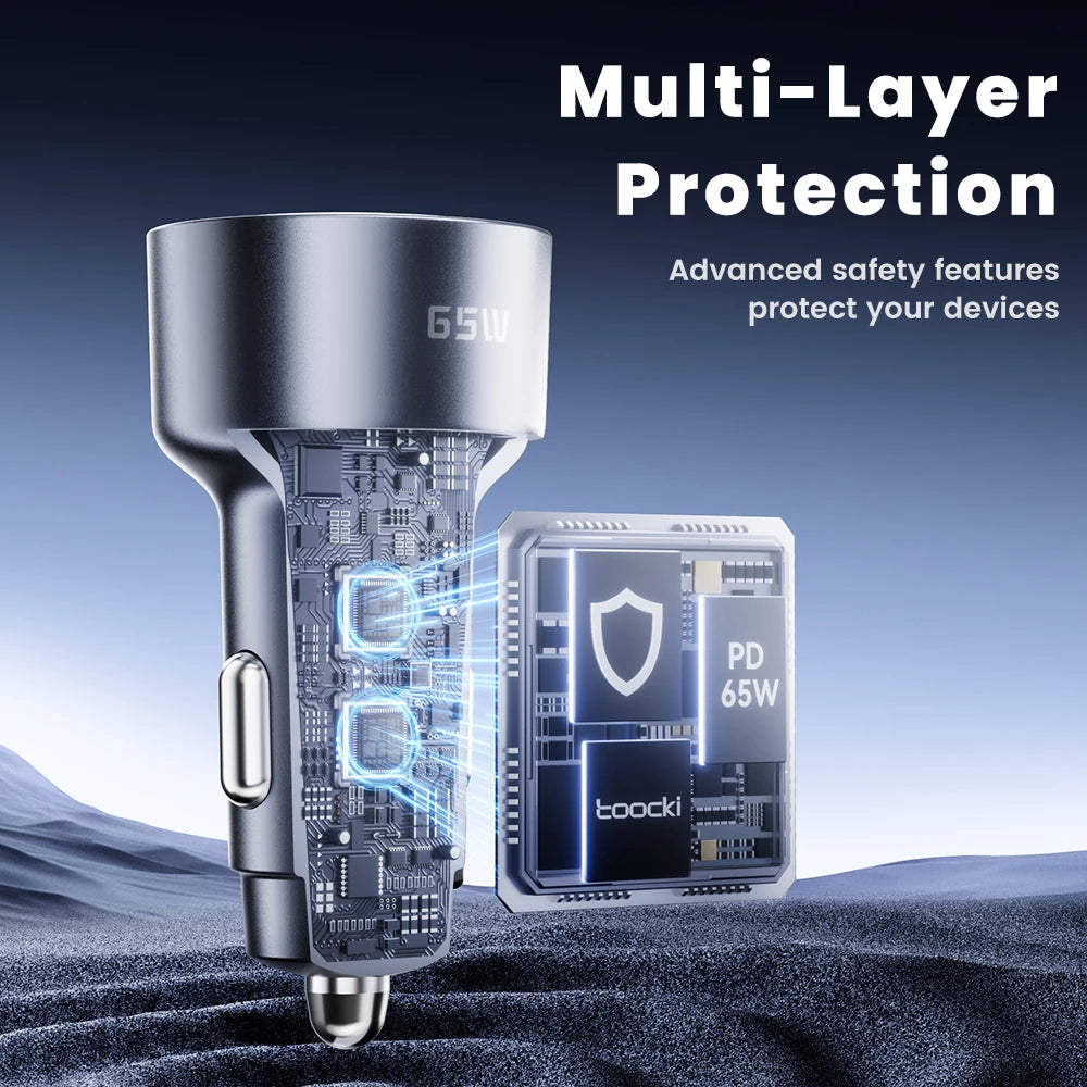 Chargeur de voiture Toocki 65W — 3 ports USB-C, charge rapide PD/QC