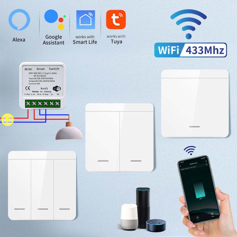 Interrupteur WiFi intelligent pour éclairage - Sans fil RF 433MHz, compatible Alexa et Google Home