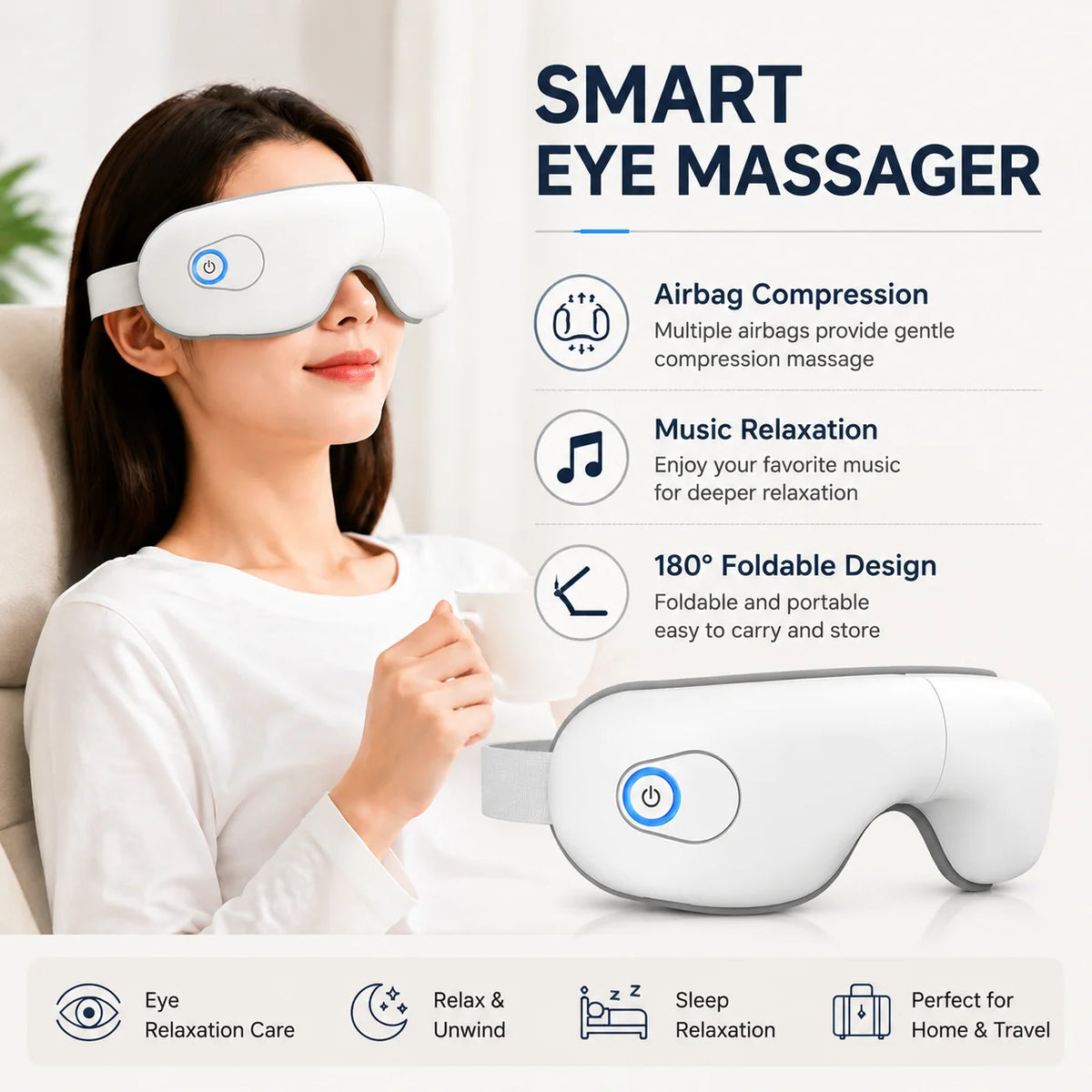 Masseur oculaire intelligent - Airbag, vibration et musique Bluetooth, pliable