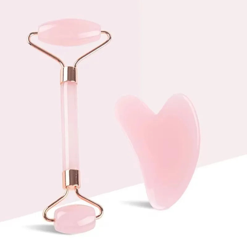 Kit Gua Sha quartz rose - Planche à gratter et rouleau masseur visage, soin de la peau et relaxation