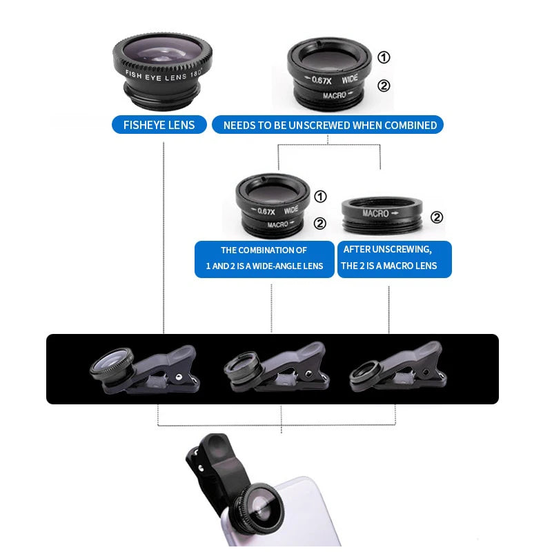 Kit 3 lentilles smartphone - fisheye, grand-angle, macro