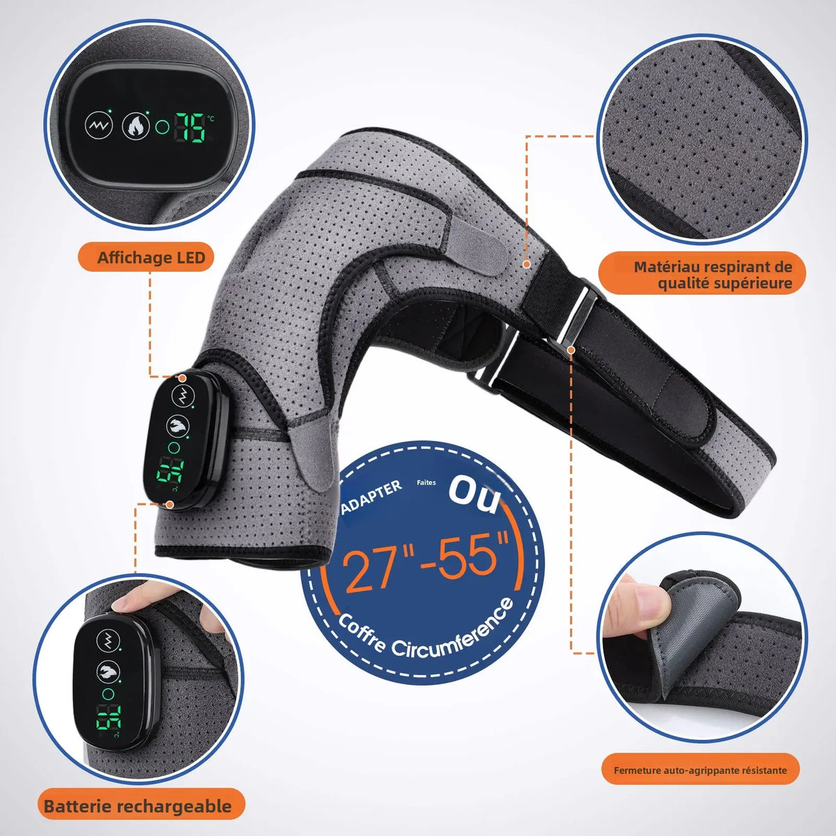 Ceinture chauffante électrique pour épaule - Massage, chaleur LED réglable, soulagement des douleurs